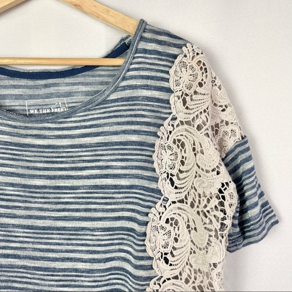 Free People We the Free Blue Stripe Battenburg Lace Short Sleeve Top S - Picture 6 of 6